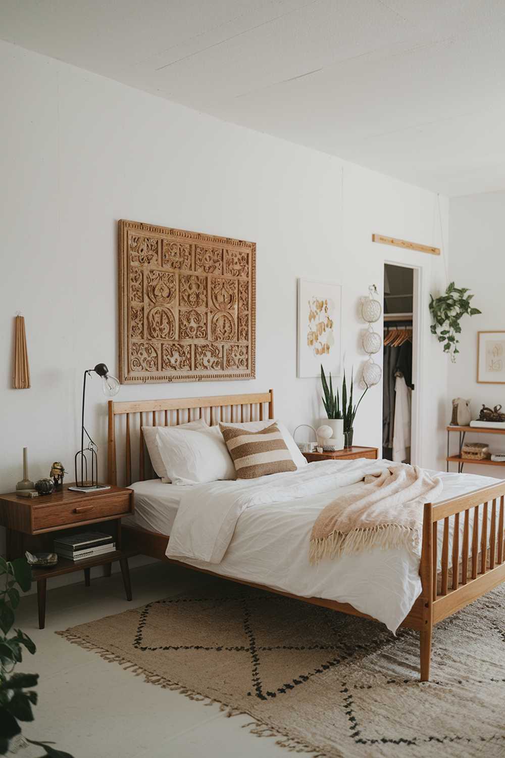 A Scandinavian farmhouse bedroom decor with a wooden bed frame, a white duvet cover, and a few pillows. There's a wooden nightstand beside the bed with a lamp and a decorative item. The wall has a large, carved wooden headboard. There's a rug on the floor. The room has a few pieces of artwork and a plant. The walls are white, and there's a wooden shelf near the entrance.