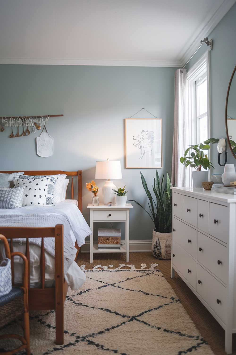 A Scandinavian farmhouse bedroom decor with a wooden bed, a white dresser, and a rug. There's a lamp on the bedside table and a plant near the window. The walls are painted in a soft blue hue, and the room has a few personal items.