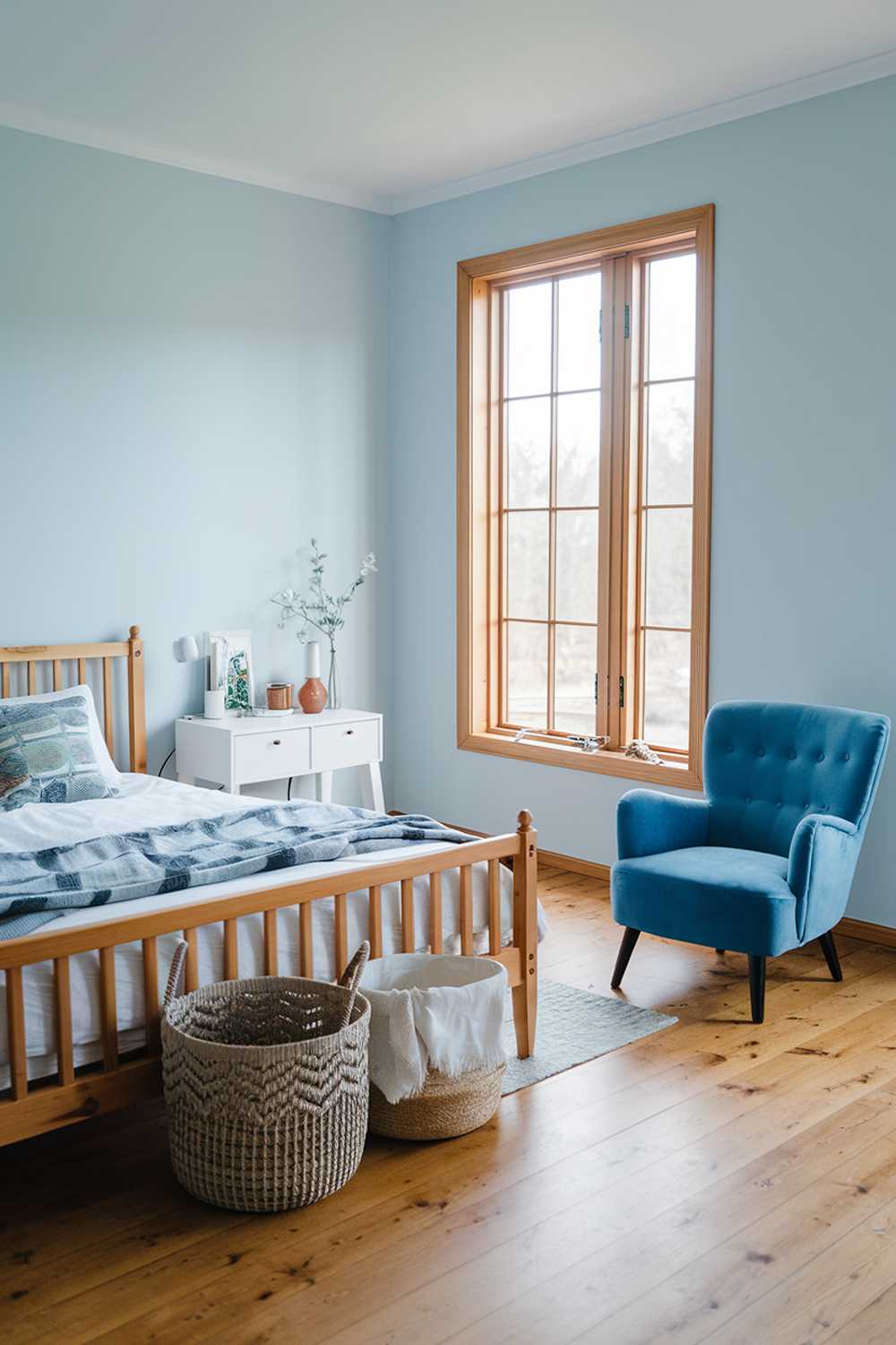 A Scandinavian farmhouse bedroom decor with a wooden bed, a white bedside table, and a blue accent chair. The walls are painted in a light blue hue. There is a woven basket at the foot of the bed and a few personal items on the bedside table. The floor is made of wooden planks. The room has a large window with wooden frames, allowing natural light to fill the room.