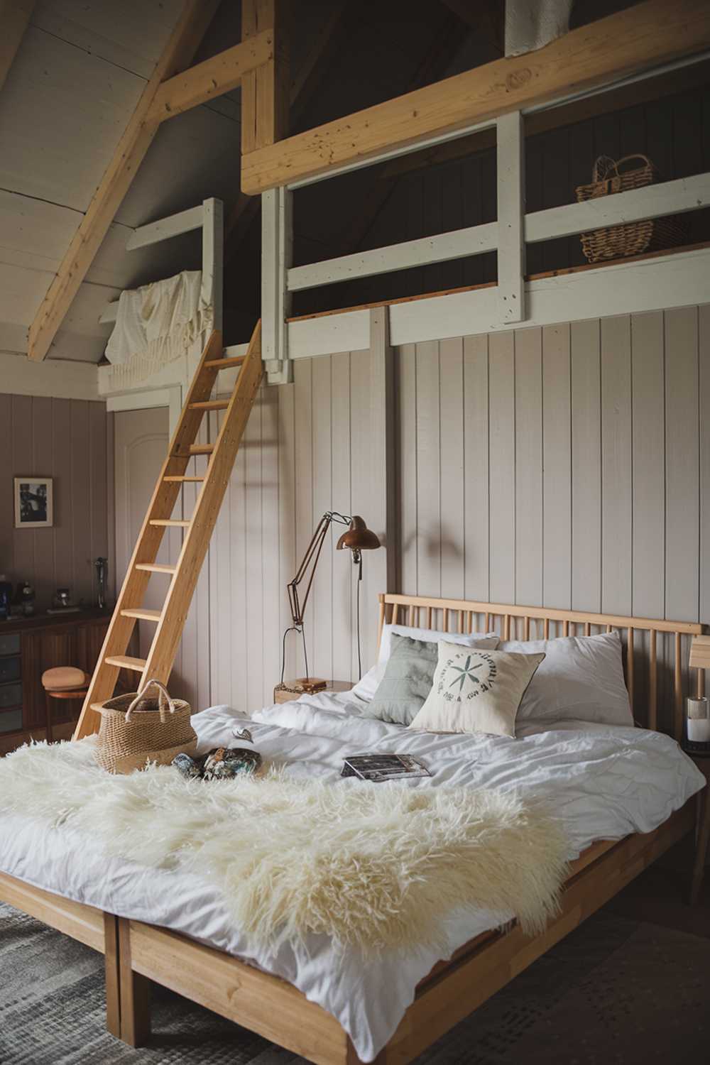 A cozy Scandinavian farmhouse bedroom with a wooden bed frame, a fluffy white duvet, and a few pillows. The room has wooden beams on the ceiling and a wooden ladder leading to a loft. There's a vintage lamp beside the bed. The walls are painted in muted tones. A woven basket and a few personal items are placed on the bed.