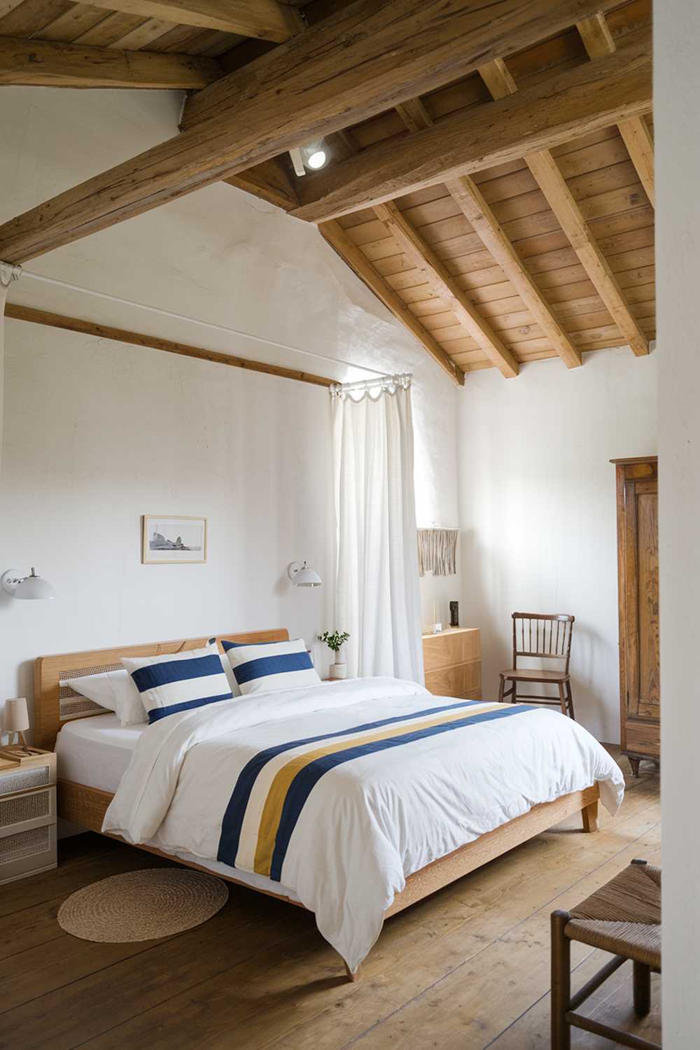 A Scandinavian farmhouse bedroom with white walls, wooden beams, and a wooden bed frame. There is a white duvet with blue and yellow stripes on the bed. The room has a wooden ceiling and a few pieces of furniture, including a nightstand, a chair, and a wardrobe. There is a white curtain near the bed. The floor is made of wood.