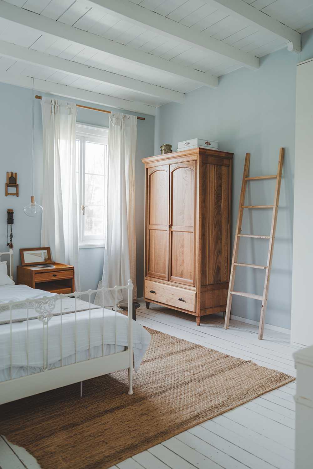 A Scandinavian farmhouse bedroom with wooden furniture, a white bed frame, and a wooden wardrobe. There is a woven rug near the bed. The walls are painted in a light blue hue. There are white curtains covering a window. A wooden ladder leans against the wall near the wardrobe.