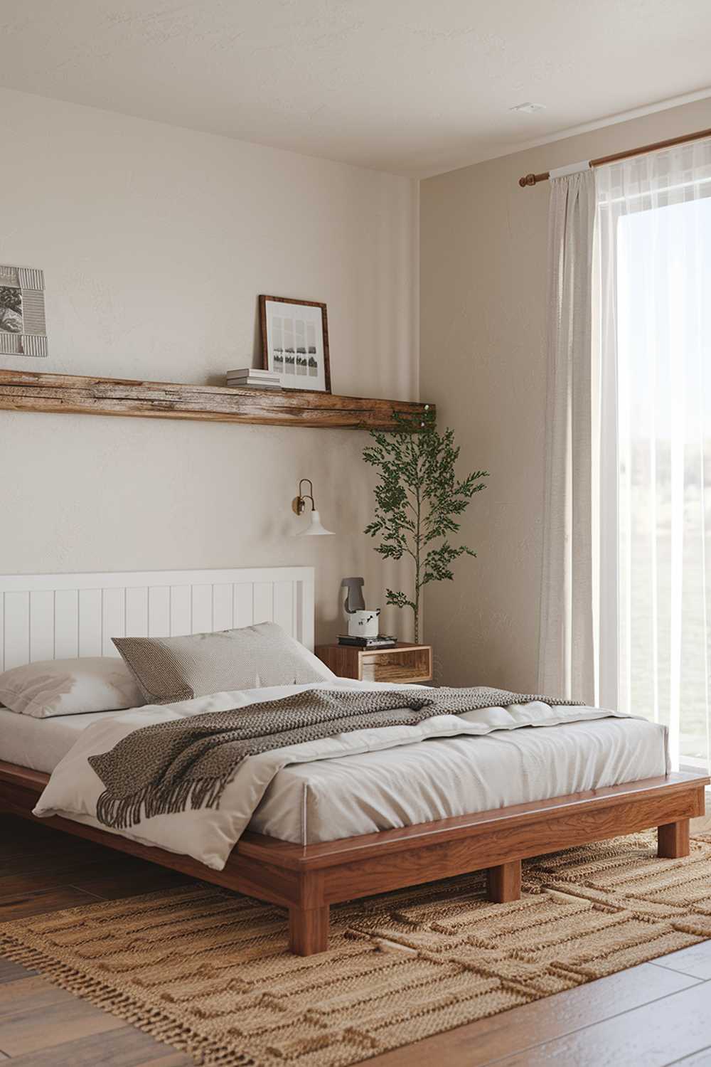 A Scandinavian farmhouse bedroom with a wooden platform bed, a white headboard, and a rustic wooden nightstand. There is a woven rug beneath the bed. The walls are painted beige and have a few simple decorations, including a potted plant and a wooden shelf. The room has a large window with a curtain.