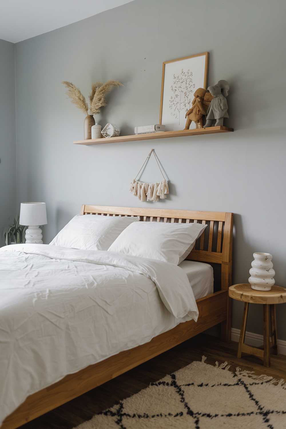 A Scandinavian farmhouse bedroom decor. There's a wooden bed with a white duvet and two white pillows. On the wall above the bed, there's a wooden shelf with a few decorative items. The room has a white rug on the floor. The walls are painted in a light blue hue.