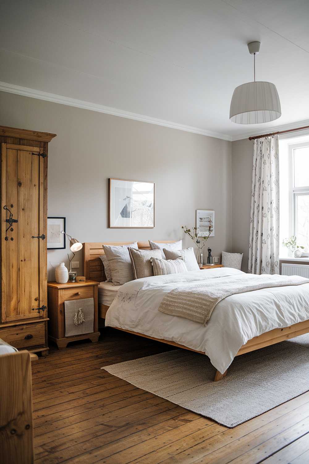 A Scandinavian farmhouse bedroom decor. The room has a wooden floor and is furnished with a large bed, a nightstand, and a wardrobe. The bed has a white duvet and several throw pillows. The nightstand and wardrobe are made of wood. The walls are painted in a light gray color. There is a rug in front of the bed. The room has a white lampshade. The room has a window with curtains.