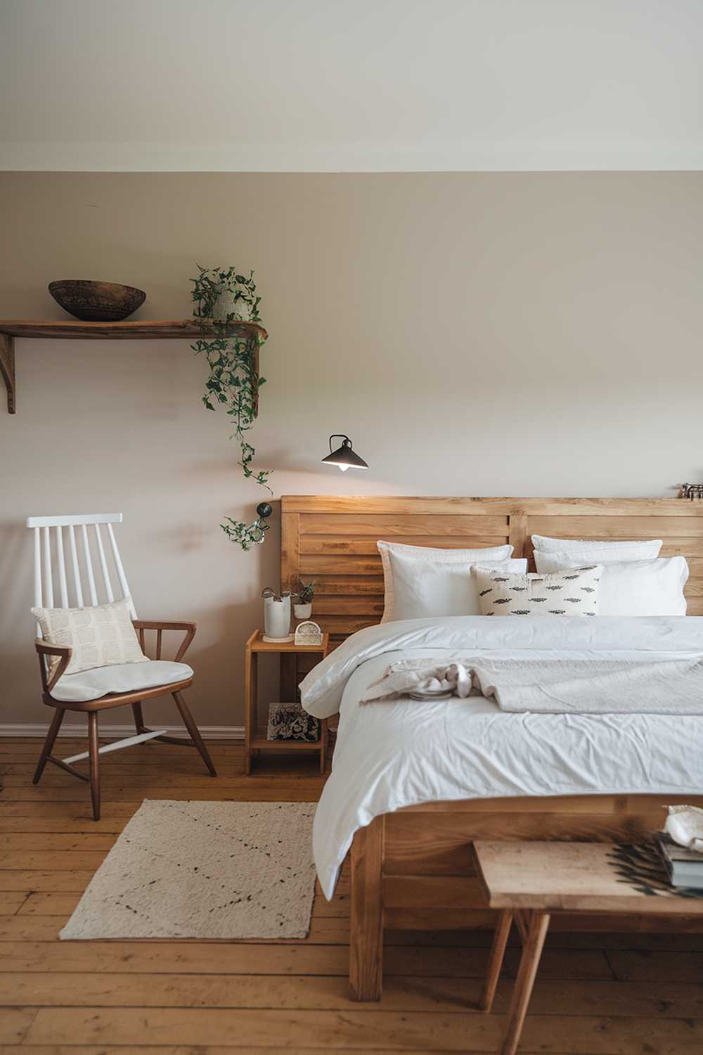 A Scandinavian farmhouse bedroom decor, featuring a wooden bed frame with a white duvet and pillows. There's a matching wooden headboard. The room has a white chair with a cushion and a wooden shelf. The flooring is wooden. The walls are painted in a soft beige color. The room has a few personal items, including a decorative bowl and a plant. The overhead light is on.