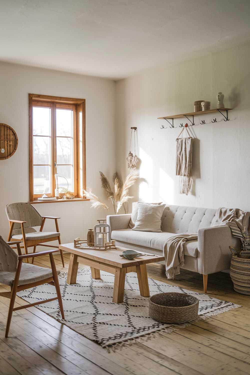 A Scandinavian farmhouse living room with a rustic charm. There's a beige sofa with wooden legs, a few chairs, and a coffee table made of wood in the middle of the room. A patterned rug is placed on the wooden floor. A few decorative items, such as a lantern and a woven basket, are placed on the coffee table. The walls are painted white and have a few hooks and a shelf. A window with wooden frames is on the left side of the room, letting in natural light.