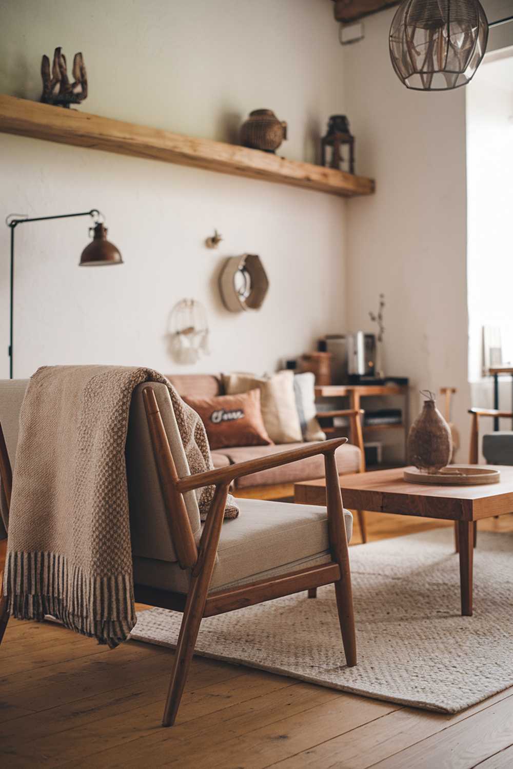 A Scandinavian farmhouse living room design and decor. The room has a wooden floor and features a beige sofa with a wool blanket, a couple of wooden chairs, and a wooden coffee table. On the wall hangs a rustic lamp and a few decorative items. There's a wooden shelf near the ceiling, holding a few decorative items and a lantern. The room has a warm and cozy ambiance.