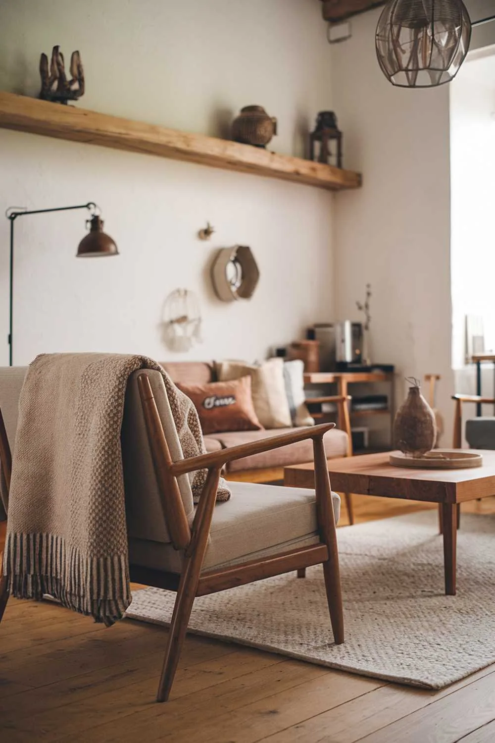 21 Scandinavian Farmhouse Living Room Ideas & Designs 4 A Scandinavian farmhouse living room design and decor. The room has a wooden floor and features a beige sofa with a wool blanket, a couple of wooden chairs, and a wooden coffee table. On the wall hangs a rustic lamp and a few decorative items. There's a wooden shelf near the ceiling, holding a few decorative items and a lantern. The room has a warm and cozy ambiance.