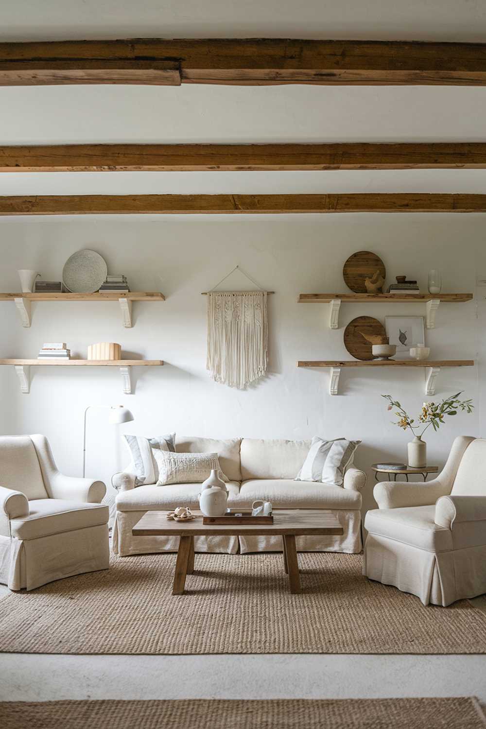 A Scandinavian farmhouse living room. There is a beige sofa and two beige chairs in the room. A wooden coffee table sits in the middle. There are two white shelves on the wall, holding decorative items. A woven rug is placed on the floor. The room has a wooden beam ceiling.