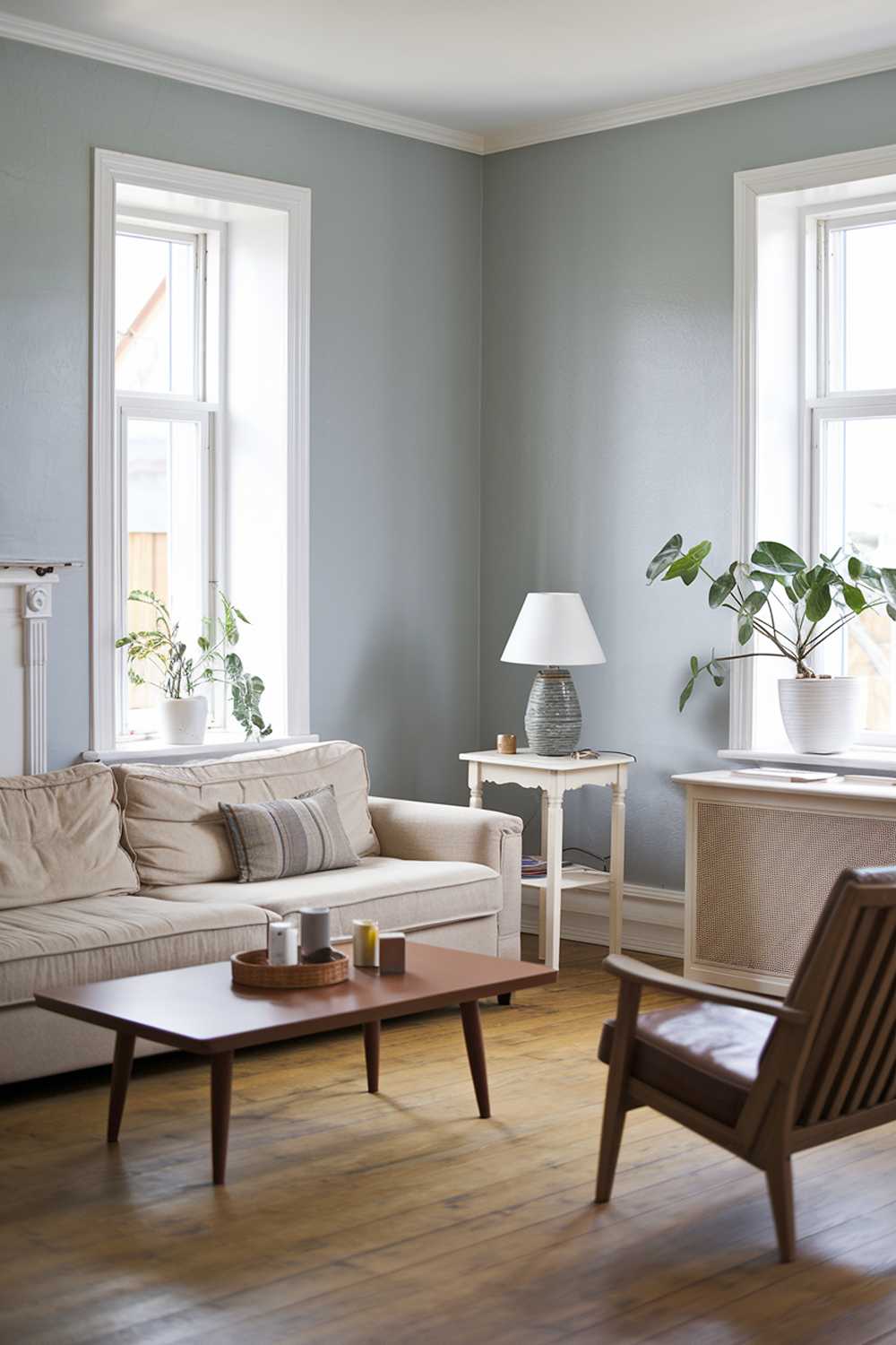 A Scandinavian farmhouse living room. There's a beige sofa with a few cushions and a brown coffee table in the middle of the room. A white side table with a lamp is placed near the window. A wooden chair is placed near the beige sofa. The walls are painted in a light blue shade. There's a plant in a white pot near the window. The floor is made of wood.