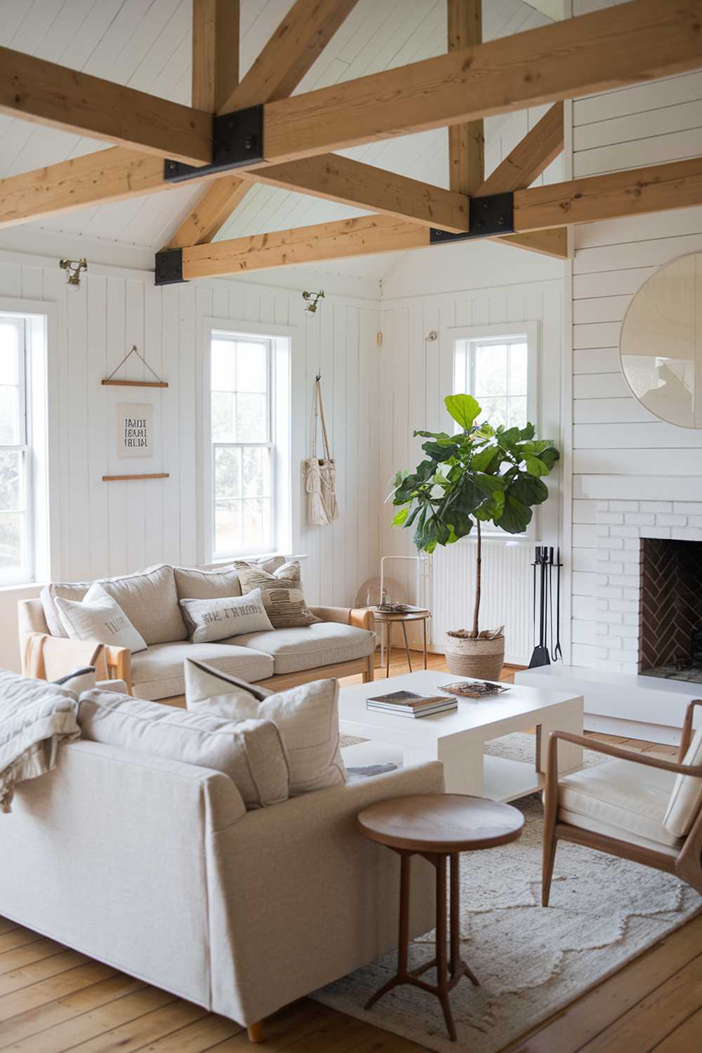 A Scandinavian farmhouse living room with a beige sofa, wooden beams, and a white fireplace. There are also a beige chair, a white coffee table, and a wooden side table. A potted plant is placed near the fireplace. The room has wooden floors and the walls have a few hanging items.