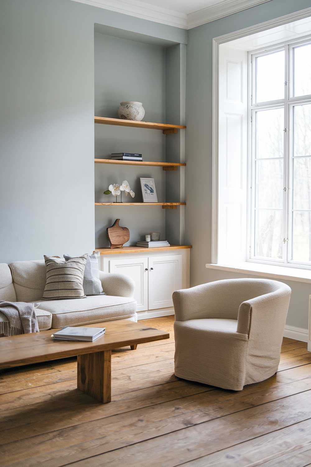 A Scandinavian farmhouse living room. There's a beige sofa with a few throw pillows, a wooden coffee table, and a beige chair in the room. There's a wooden shelf with a few decorative items. The walls are painted in a light blue color. The floor is made of wooden planks. There's a large window with a white frame, allowing natural light to fill the room.