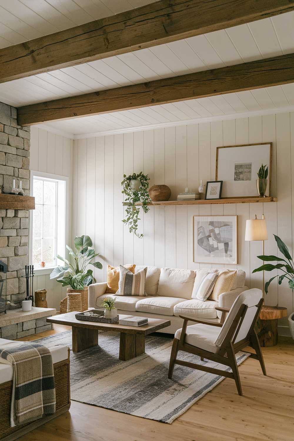 A Scandinavian farmhouse living room with a rustic design and decor. The room has a wooden beam ceiling, paneled walls, and a stone fireplace. A beige sofa with a few throw pillows sits across from a wooden chair. There is a coffee table made of wood and a lamp beside the sofa. The floor is covered with a rug. A wooden shelf above the sofa holds a few items. The room has a few plants and has a warm atmosphere.