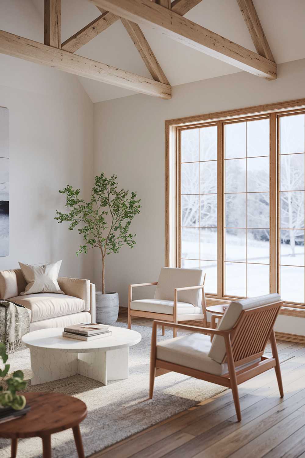 A modern Scandinavian farmhouse living room design and decor. The room has a wooden beam ceiling, a beige sofa with a few throw pillows, a few wooden chairs, a white coffee table, and a green plant. The walls are painted white. There is a wooden floor. The room has a large window with wooden frames, letting in natural light. The window overlooks a snowy landscape.