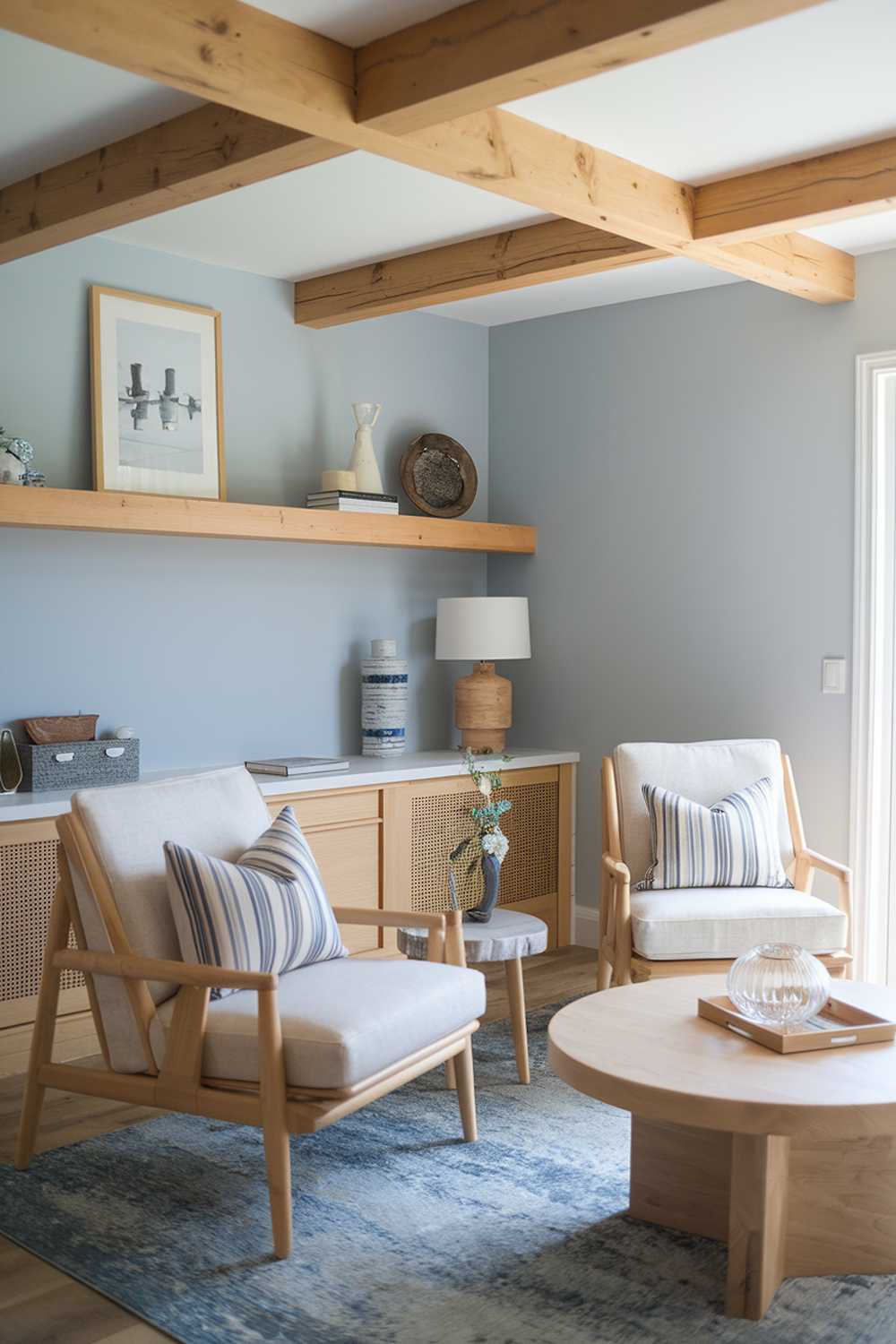 A modern Scandinavian farmhouse living room design and decor. The room has a wooden beam ceiling, a beige sofa, a couple of chairs with beige and blue striped cushions, a round wooden coffee table, and a blue rug. There is a wooden shelf above the sofa, containing a few decorative items. The walls are painted in a light blue color.