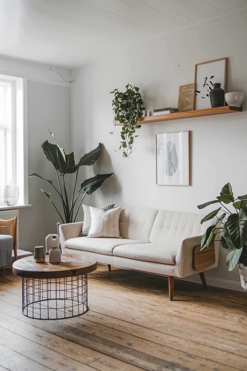 A modern Scandinavian farmhouse living room. The room has a beige sofa with wooden legs, a few cushions, and a coffee table with a round wooden top on a metal base. There's a large potted plant near the sofa. The walls are painted white, and there's a wooden shelf with a few decorative items. The floor is made of wooden planks.