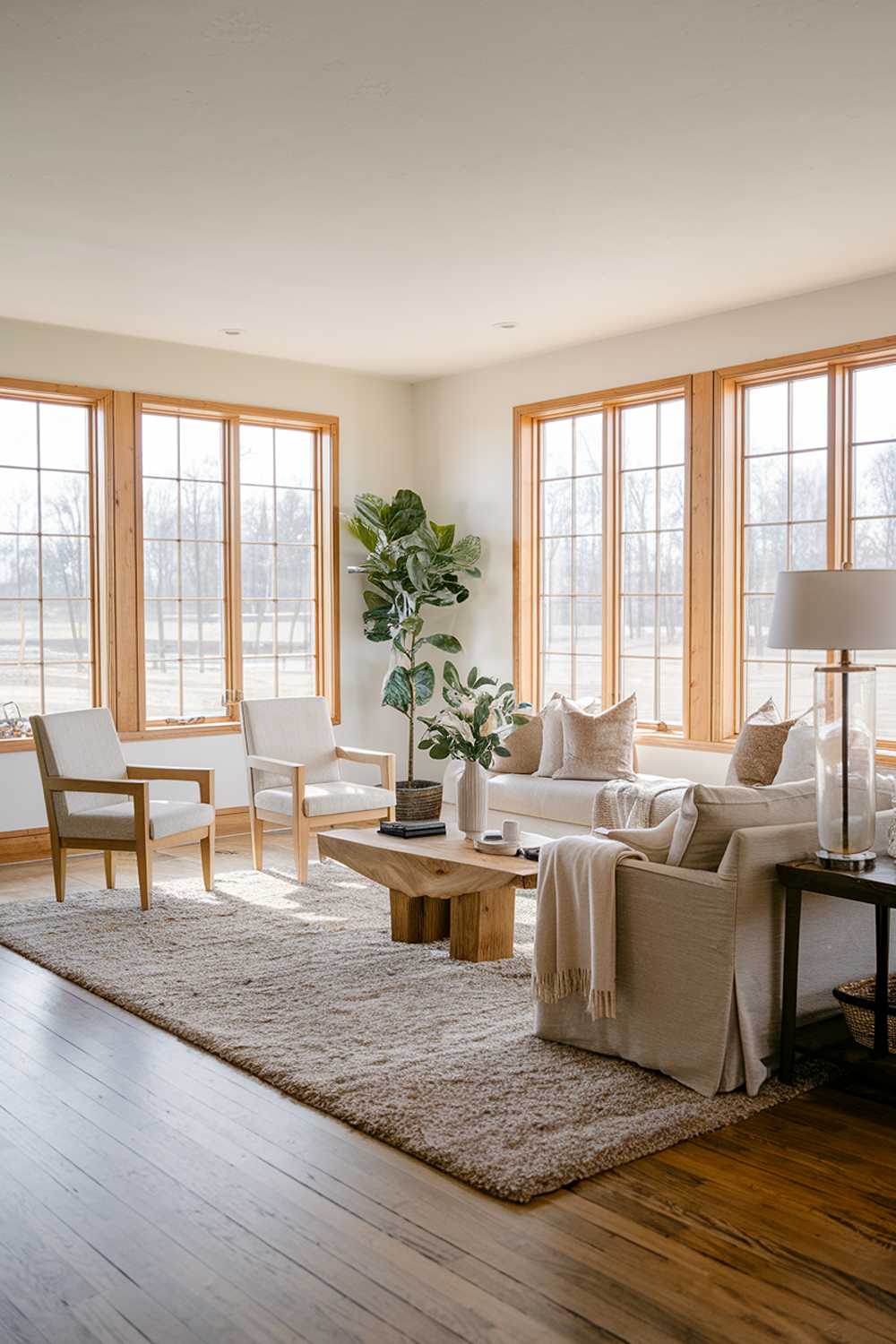 A modern Scandinavian farmhouse living room. The room has a wooden floor, a plush rug, a beige sofa, a few chairs, a coffee table, and a plant. The walls are painted white, and there are a few decorative items, such as a lamp and a vase with flowers. The room has large windows with wooden frames, allowing natural light to fill the space.