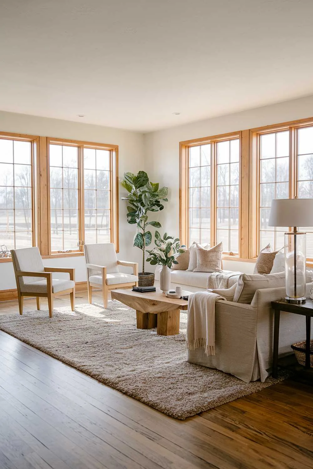 21 Scandinavian Farmhouse Living Room Ideas & Designs 14 A modern Scandinavian farmhouse living room. The room has a wooden floor, a plush rug, a beige sofa, a few chairs, a coffee table, and a plant. The walls are painted white, and there are a few decorative items, such as a lamp and a vase with flowers. The room has large windows with wooden frames, allowing natural light to fill the space.