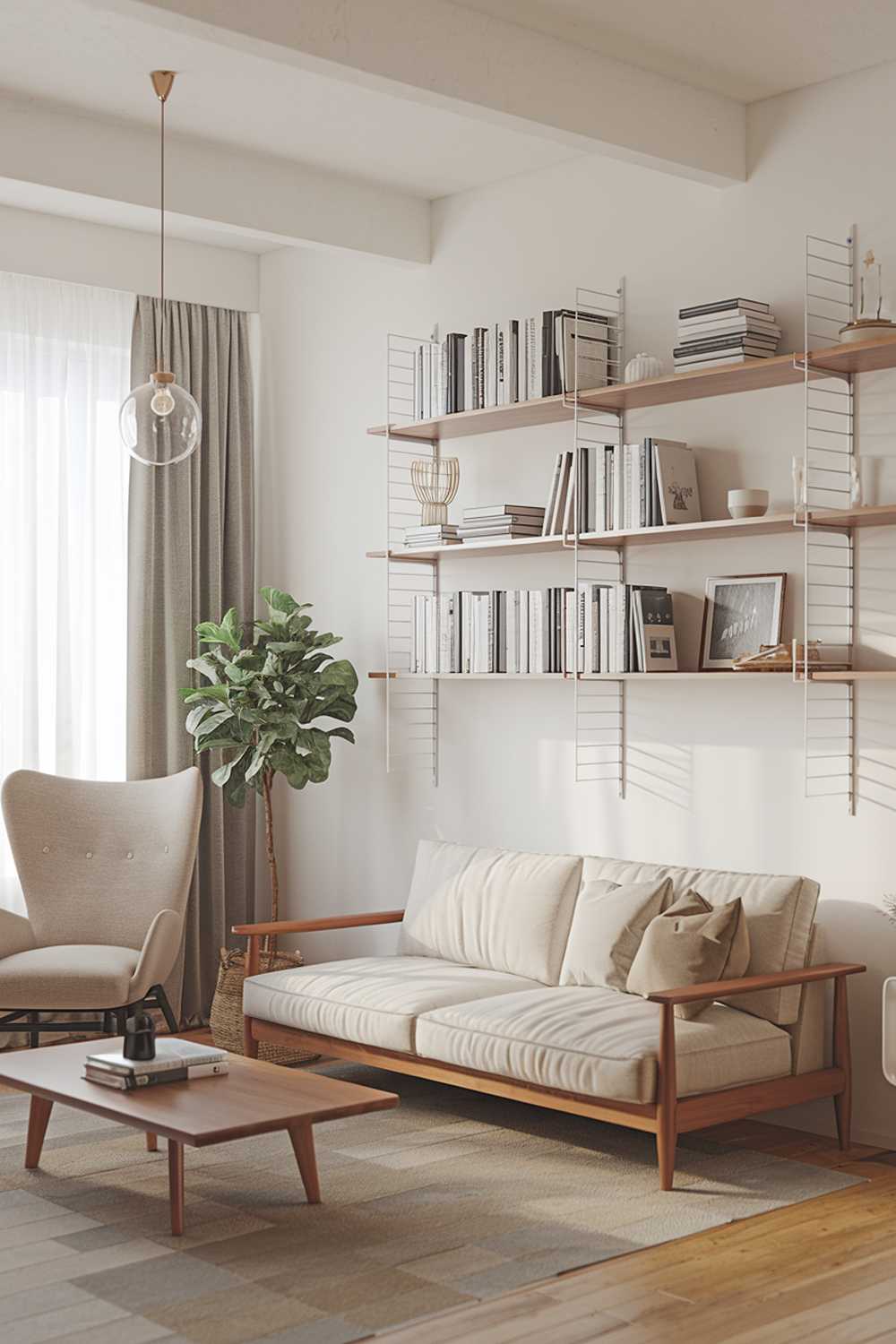 A modern Scandinavian farmhouse living room design and decor. There is a beige sofa with a few cushions and a matching chair. A wooden coffee table is placed in front of the sofa. There is a white bookshelf on the wall behind the sofa, filled with books and decorative items. A potted plant is placed on the floor beside the chair. The room has a wooden floor, a white ceiling, and a few hanging lights.