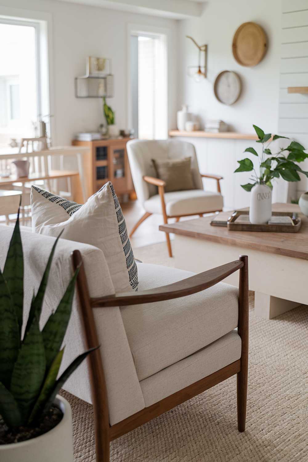 A modern Scandinavian farmhouse living room. There's a beige sofa with wooden legs, a few throw pillows, and a green plant in the foreground. In the background, there's a beige chair with wooden legs, a white coffee table with a wooden top, and a few decorative items on the wall. The room has a beige rug and the walls are painted white.