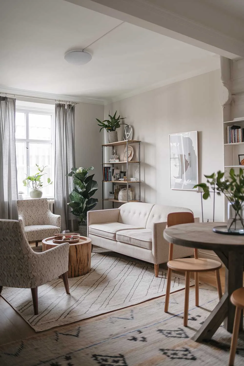 21 Scandinavian Farmhouse Living Room Ideas & Designs 17 A modern Scandinavian farmhouse living room. The room has a rustic charm with a modern twist. There's a beige sofa with wooden legs, a couple of chairs with a patterned fabric, a round wooden table, and a bookshelf. The walls are painted white, and there's a patterned rug on the floor. The room has a few potted plants and a few decorative items. The lighting is soft.