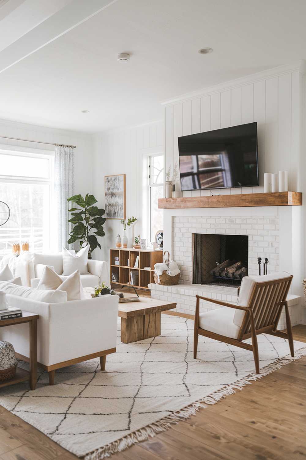 A modern Scandinavian farmhouse living room with a white and wood interior. The room has a large fireplace with a wood mantel and a wall-mounted TV. There is a white sofa with wood legs and a wood coffee table in front of the fireplace. A white chair with a wood backrest is placed near the window. The floor is covered with a white wool rug. The walls are adorned with a few pieces of art. A potted plant is placed near the window.