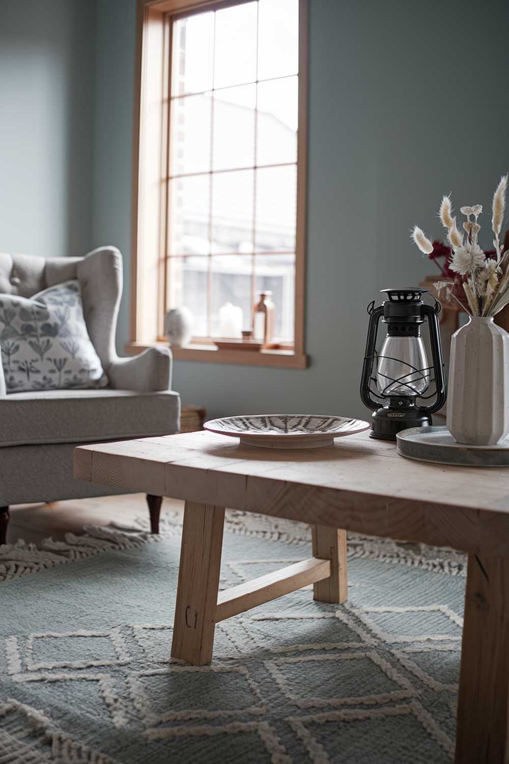 A Scandinavian farmhouse-style living room design and decor. There's a cozy armchair near a wooden coffee table. A few items, such as a decorative plate, a lantern, and a vase with dried flowers, are placed on the table. The walls are painted in a muted shade of blue. There's a large window with wooden frames. The floor is covered with a large rug with a geometric pattern.