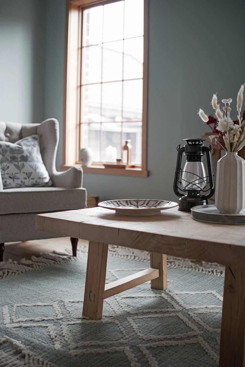 21 Scandinavian Farmhouse Living Room Ideas & Designs 19 A Scandinavian farmhouse-style living room design and decor. There's a cozy armchair near a wooden coffee table. A few items, such as a decorative plate, a lantern, and a vase with dried flowers, are placed on the table. The walls are painted in a muted shade of blue. There's a large window with wooden frames. The floor is covered with a large rug with a geometric pattern.