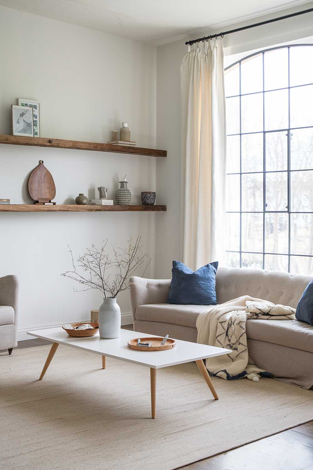 A Scandinavian farmhouse-style living room. The room has a beige sofa with blue cushions and a few decorative items on it. There's a white coffee table in the middle of the room. On the left wall, there's a wooden shelf with a few decorative items. The right wall has a large window with a white curtain. The floor is covered with a beige rug.