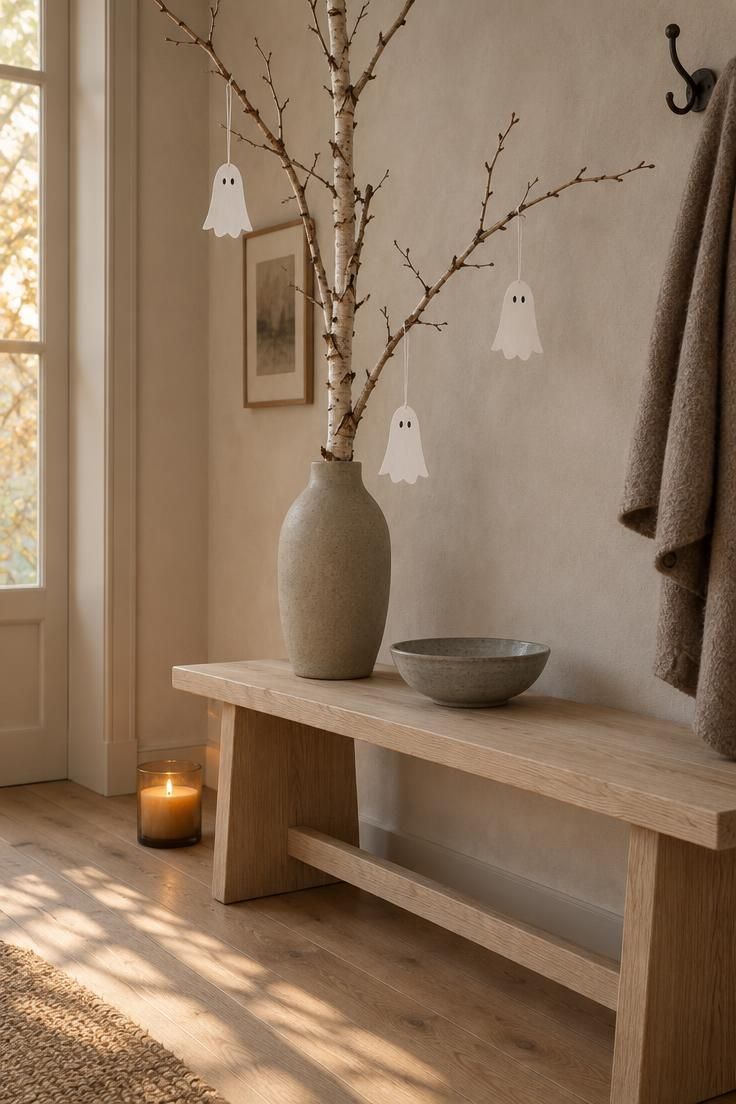 9 Scandinavian Halloween Ideas for a Calm, Cozy Home 1 Pale wood entry bench with a stoneware vase of bare birch branches, three small white paper ghosts hanging among the twigs, a gray ceramic bowl, and a glowing glass candle on the floor.
