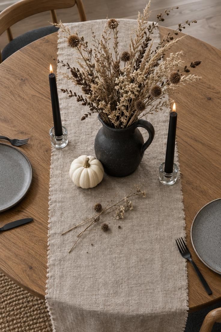 9 Scandinavian Halloween Ideas for a Calm, Cozy Home 2 Overhead view of an oak table with an oatmeal linen runner, a black pitcher of dried grasses, two black taper candles, and a white pumpkin.