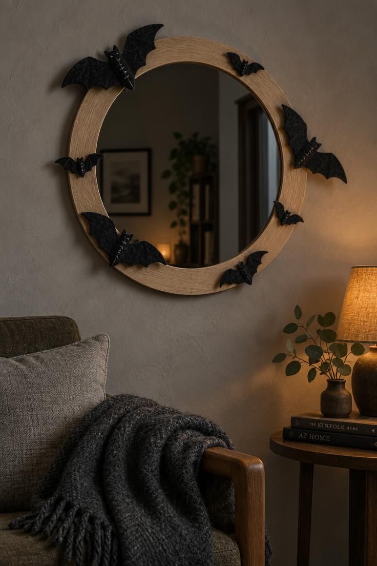 9 Scandinavian Halloween Ideas for a Calm, Cozy Home 3 Round pale oak mirror on a gray wall with black felt bats arranged around the frame, near a chair with a charcoal wool throw.