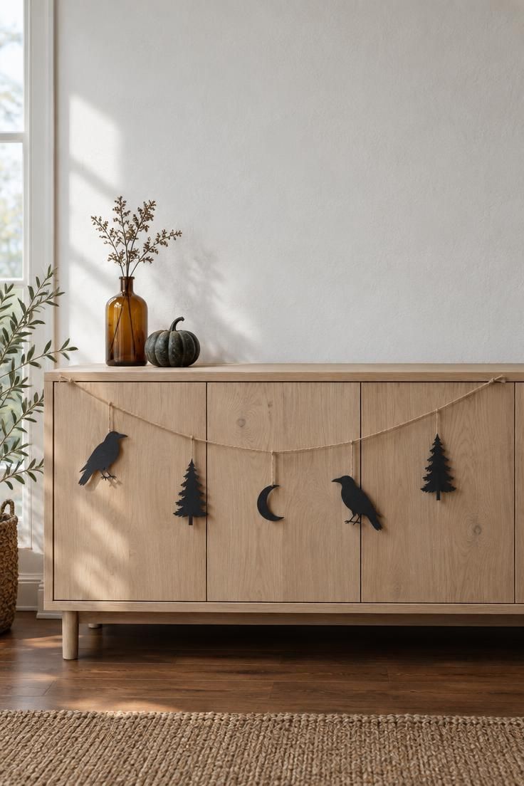 9 Scandinavian Halloween Ideas for a Calm, Cozy Home 4 Pale wood sideboard against a white wall with a jute garland of black paper ravens, fir trees, and a crescent moon, plus an amber bottle.