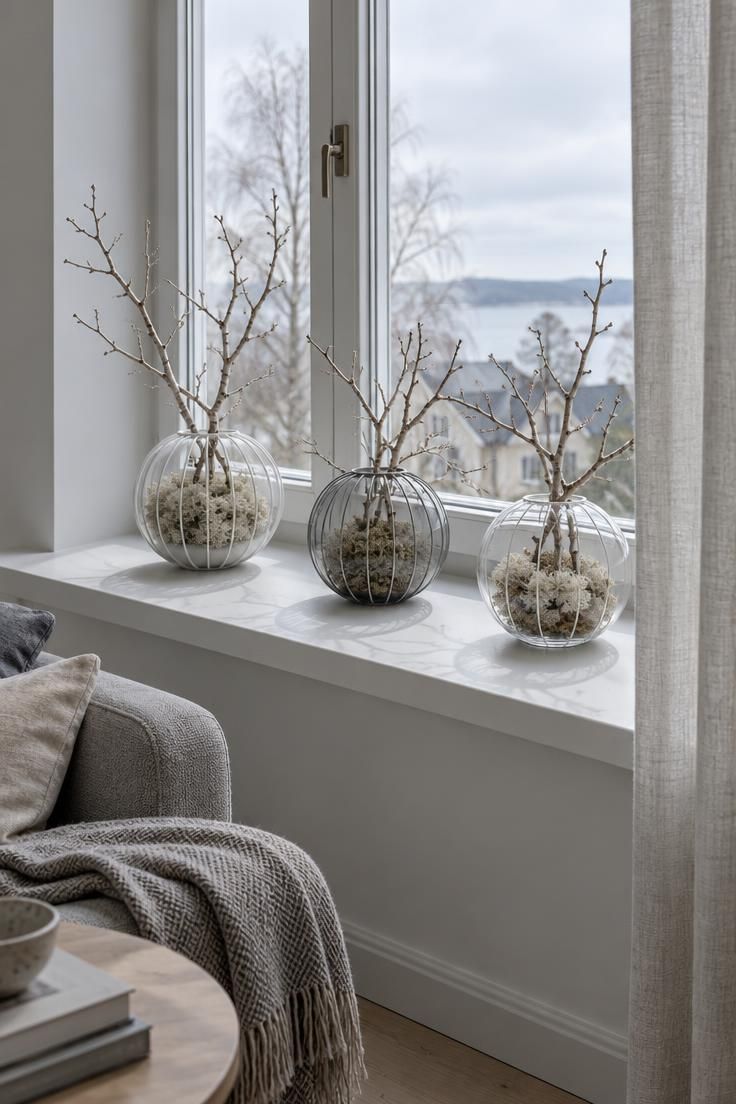 9 Scandinavian Halloween Ideas for a Calm, Cozy Home 5 White windowsill with three glass orbs in white, gray, and clear finishes holding bare twigs and dried moss, lit by cool overcast daylight.