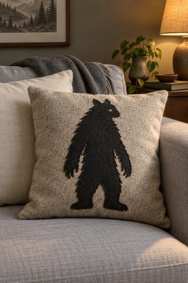 9 Scandinavian Halloween Ideas for a Calm, Cozy Home 6 Oatmeal wool pillow on a gray linen sofa with a large black felt owl silhouette stitched on the front.