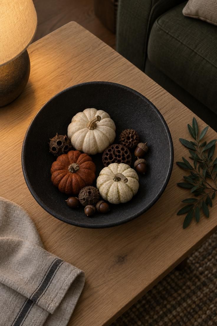 9 Scandinavian Halloween Ideas for a Calm, Cozy Home 7 Black stoneware bowl on a pale oak coffee table holding white and rust gourds with dry seed pods and acorns.