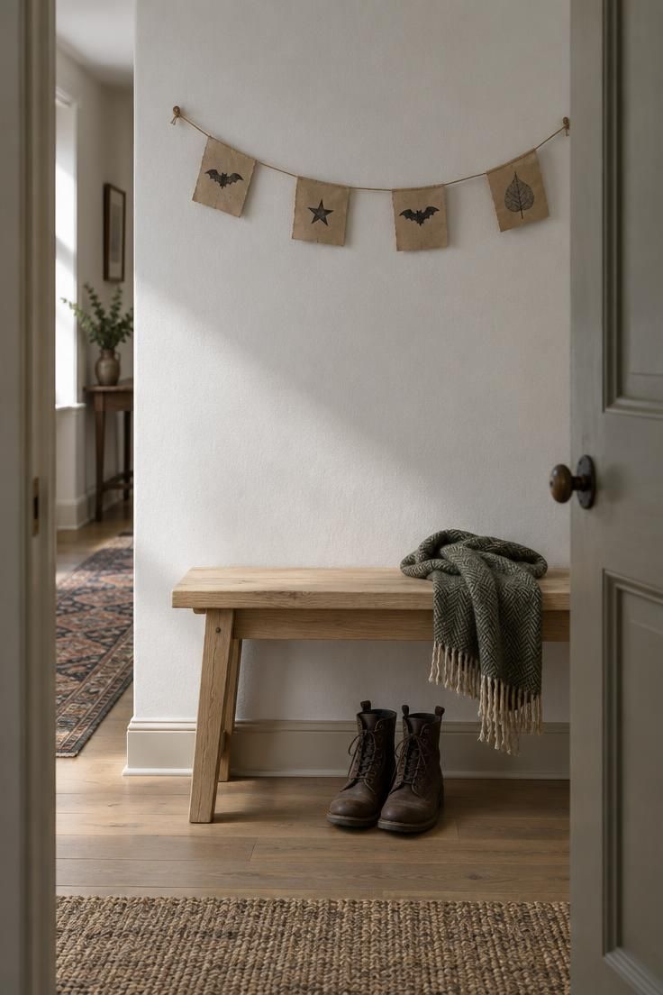 9 Scandinavian Halloween Ideas for a Calm, Cozy Home 8 Kraft paper banner with sparse hand-stamped black bats, a star, and a leaf above a pale wood bench in a hallway.