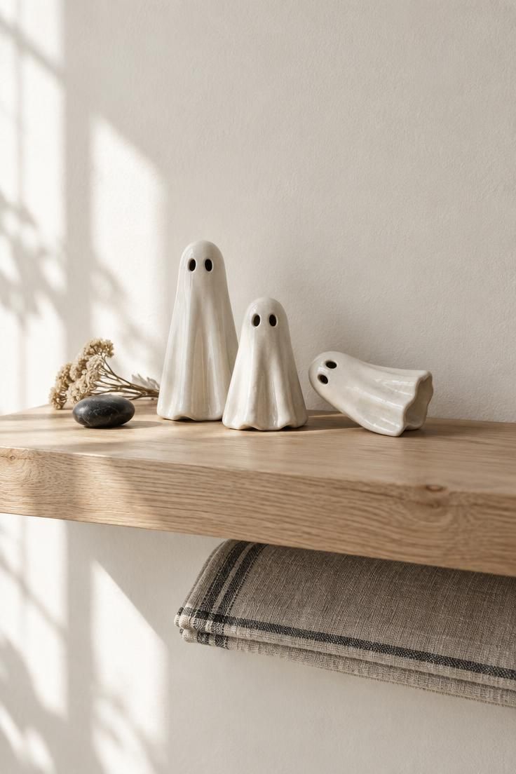 9 Scandinavian Halloween Ideas for a Calm, Cozy Home 9 Pale wood floating shelf with three matte white ceramic ghosts, one on its side, beside a black stone and dried yarrow.
