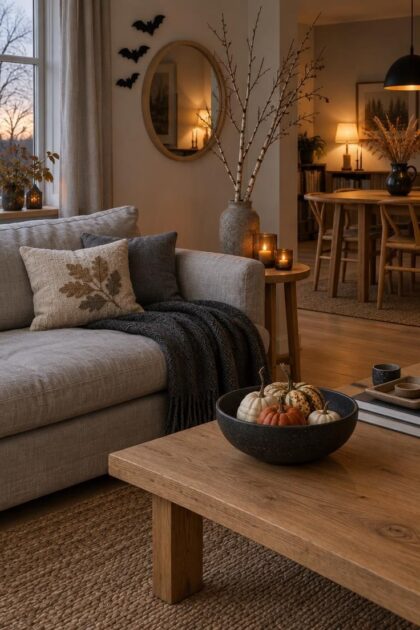9 Scandinavian Halloween Ideas for a Calm, Cozy Home Calm Scandinavian living room in late October with a linen sofa, charcoal throw, black bowl of gourds, bare birch branches, glowing candles, and black felt bats around a round pale oak mirror.