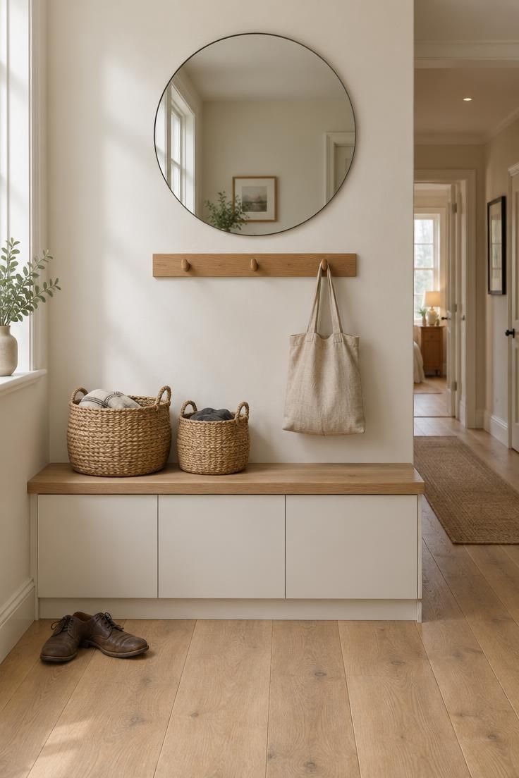 Warm white hallway with a slim oak bench over closed shoe cabinets, a wooden peg rail with hooks, a round mirror, two woven baskets, and a pale oak floor leading to a doorway.