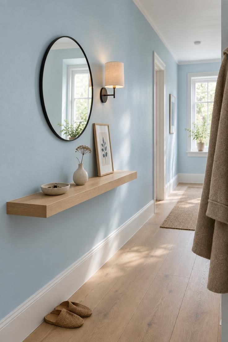 Narrow hallway with a pale blue wall, a shallow floating oak ledge holding a key bowl and vase, a round black-framed mirror above, a linen-shade wall sconce, and a light oak floor.