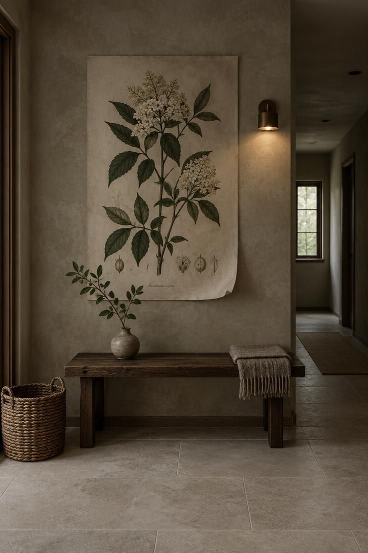 Hallway with a limewashed wall, a low dark oak bench, one large unframed botanical print above, a woven basket on the floor, and a stoneware vase with a branch on the bench.
