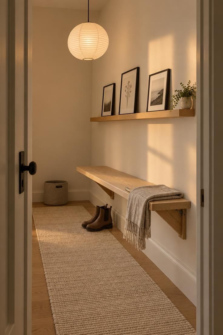 Narrow hallway with a fold-down pale wood bench on a warm white wall, a slim oak picture ledge with three small black-framed prints, a paper-shade pendant, and a cream wool runner.