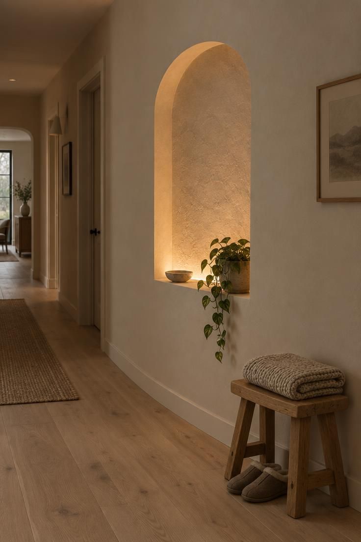 Hallway wall with a curved recessed plaster niche, a hidden LED strip casting warm upward light on the plaster, a ceramic dish and trailing plant inside, and a pale wood floor below.