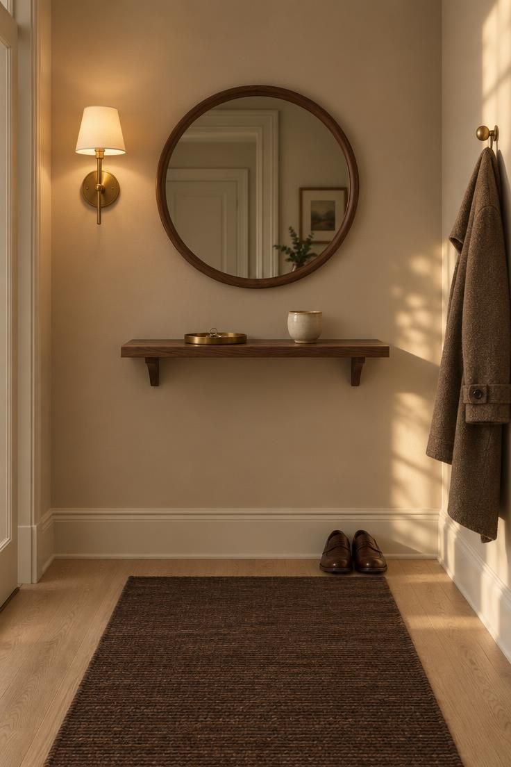 Hallway with mushroom beige walls, a walnut-framed round mirror over a narrow walnut shelf, a brass wall lamp with cream shade, a chocolate brown flat-weave runner, and pale oak flooring.