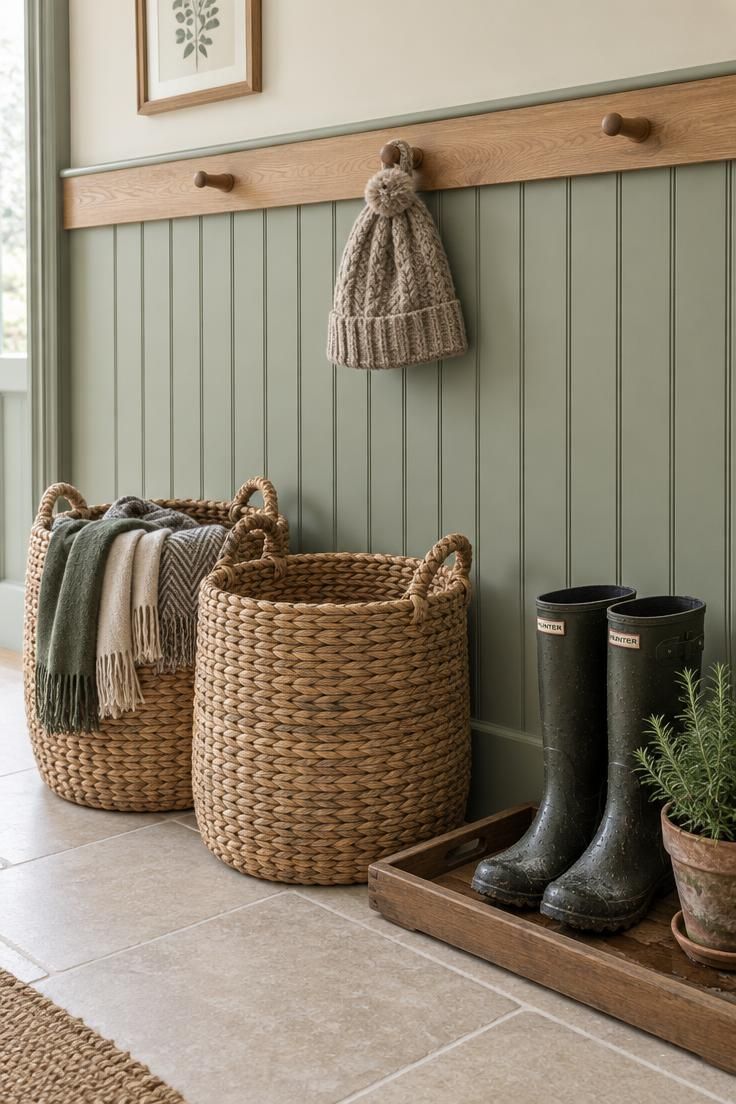 Short hallway with soft sage green beadboard panelling on the lower wall, a natural wood peg rail with pegs, wide woven rush baskets below, and a wooden boot tray on pale tile.