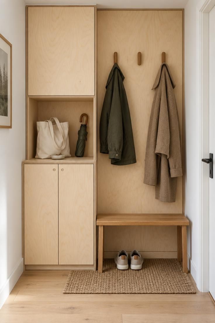 Floor-to-ceiling birch plywood built-in unit in a hallway with a closed lower cabinet, mid-height open cubby, upper hooks, and a slim oak bench in front.