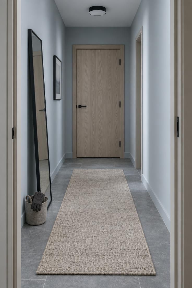 Hallway with pale blue-gray walls, an ash wood door with blackened metal hardware at the end, a slim leaning mirror, a flush ceiling light, and gray stone-look tile.