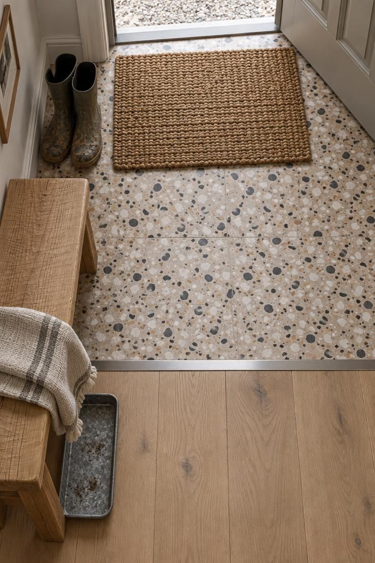 Overhead view of a hallway entry with matte terrazzo tile near the door, a metal transition strip to pale oak flooring, a low sawn oak bench on the wood side, and a woven doormat.